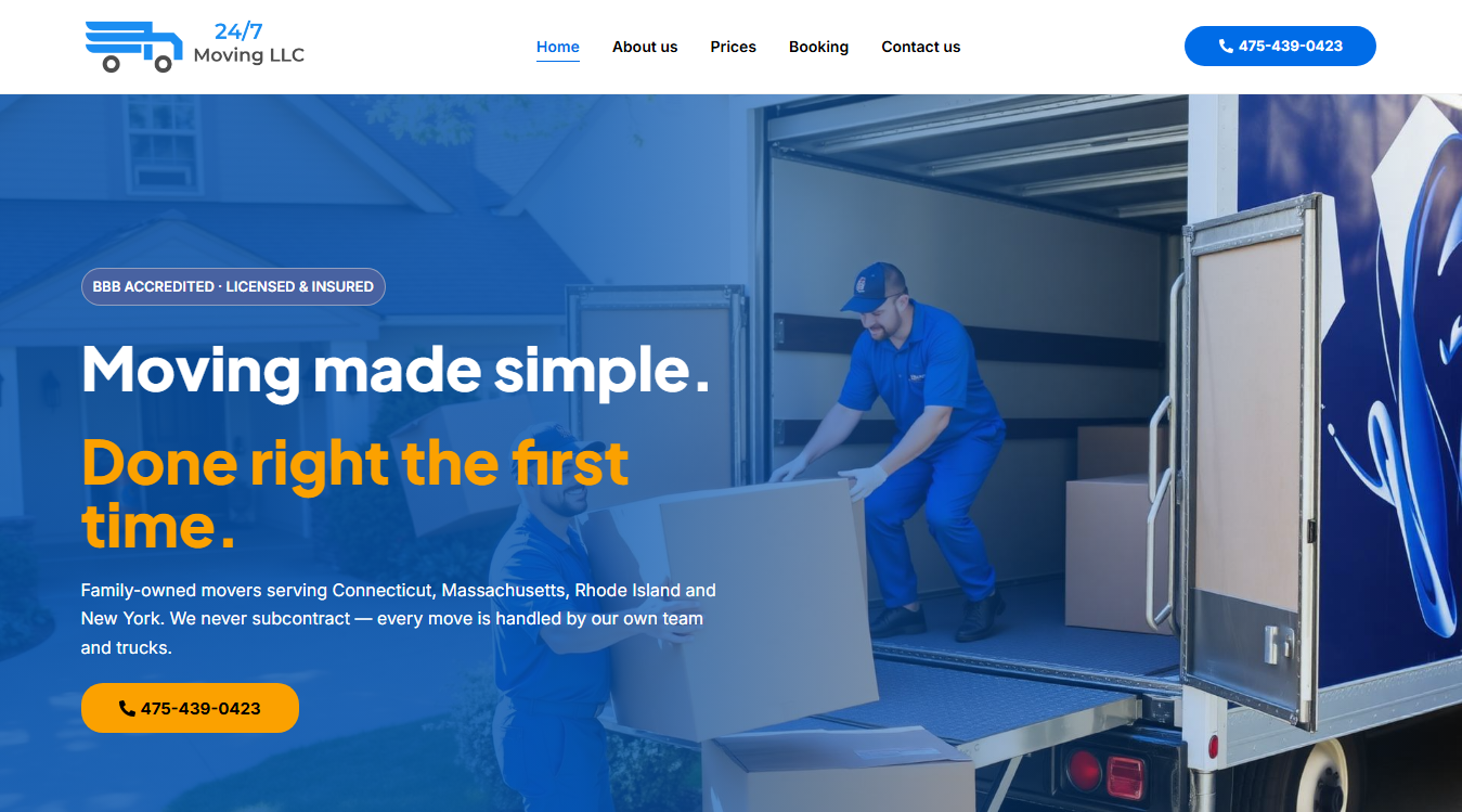 Website screenshot for 24/7 Moving LLC