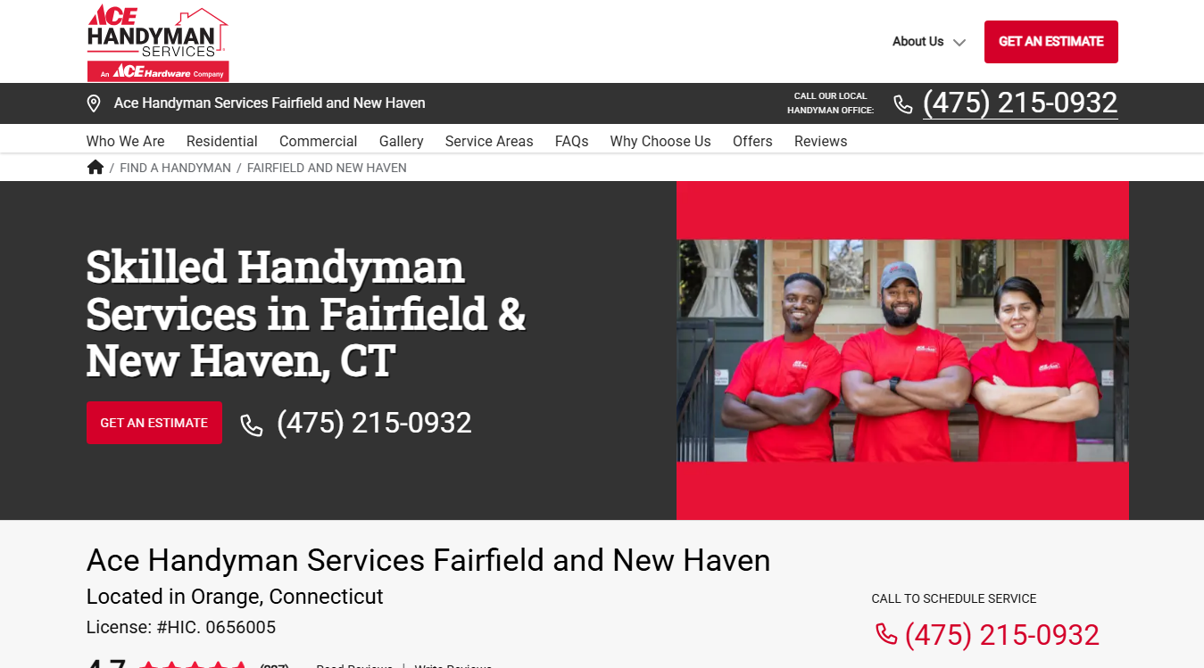 Website screenshot for Ace Handyman Services Fairfield and New Haven