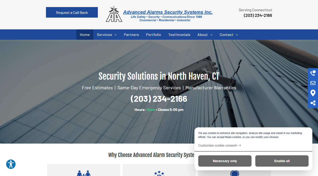 Website screenshot for Advanced Alarms Security Systems Inc.