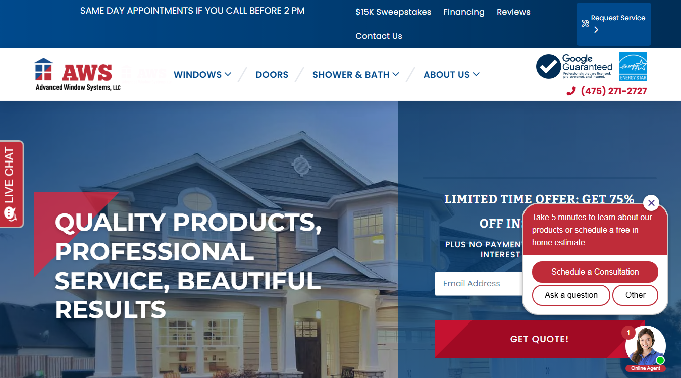 Website screenshot for Advanced Window Systems LLC