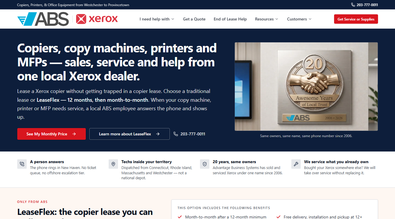 Website screenshot for Advantage Business Systems, Inc. ABS | Xerox