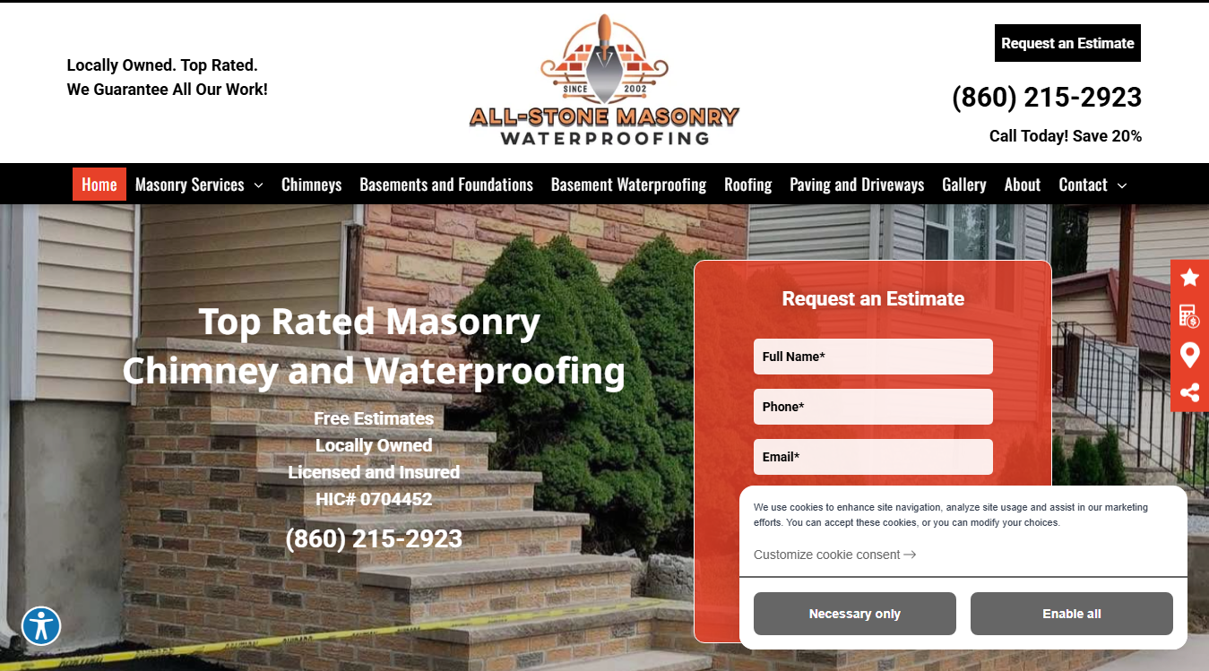 Website screenshot for All-stone masonry waterproofing chimney repair basement repair