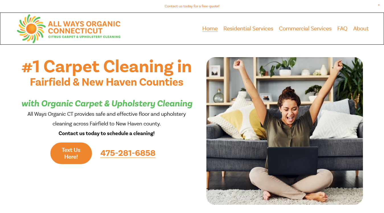 Website screenshot for All Ways Organic CT - Carpet Cleaning & Upholstery Cleaning New Haven