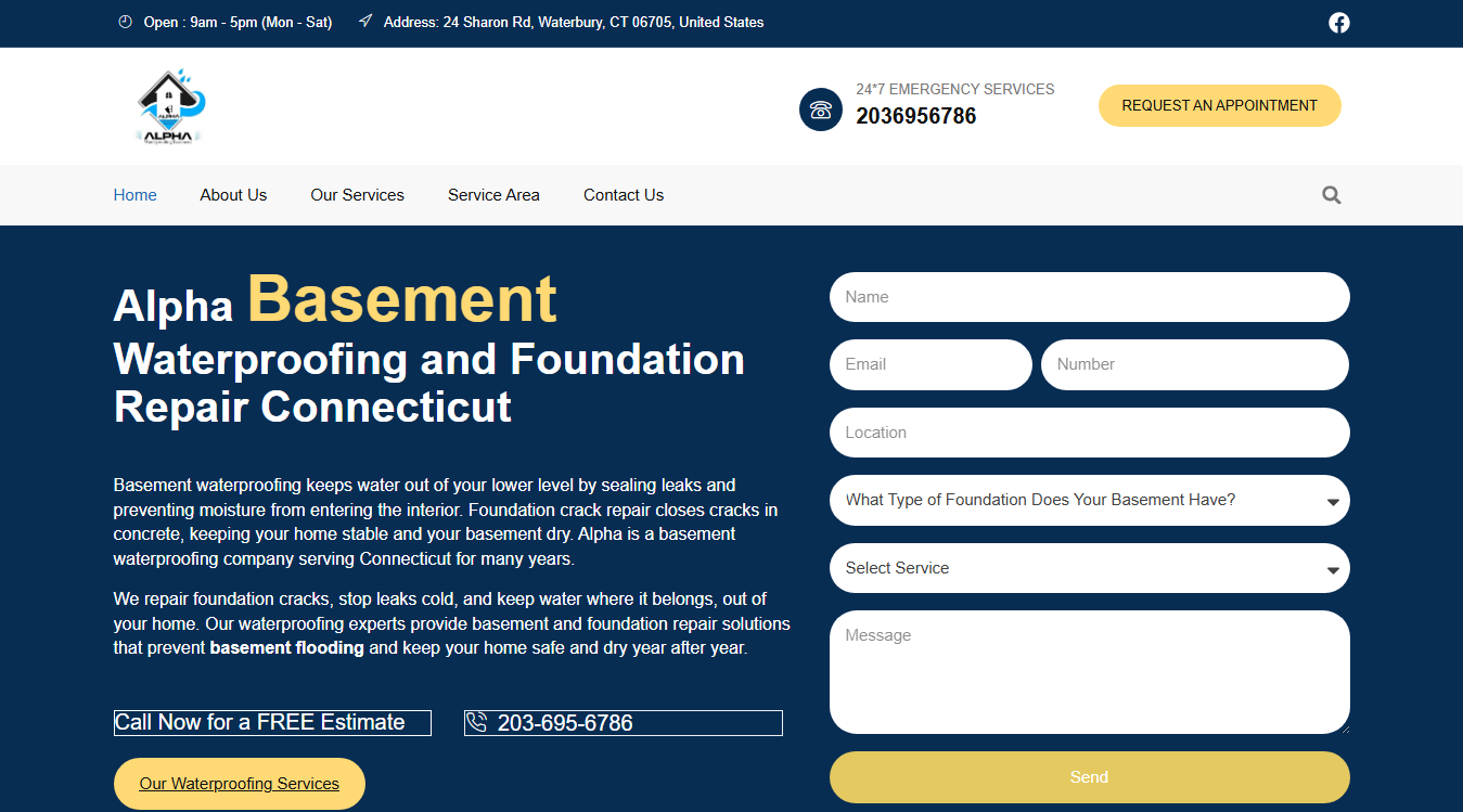 Website screenshot for Alpha Basement Waterproofing Connecticut