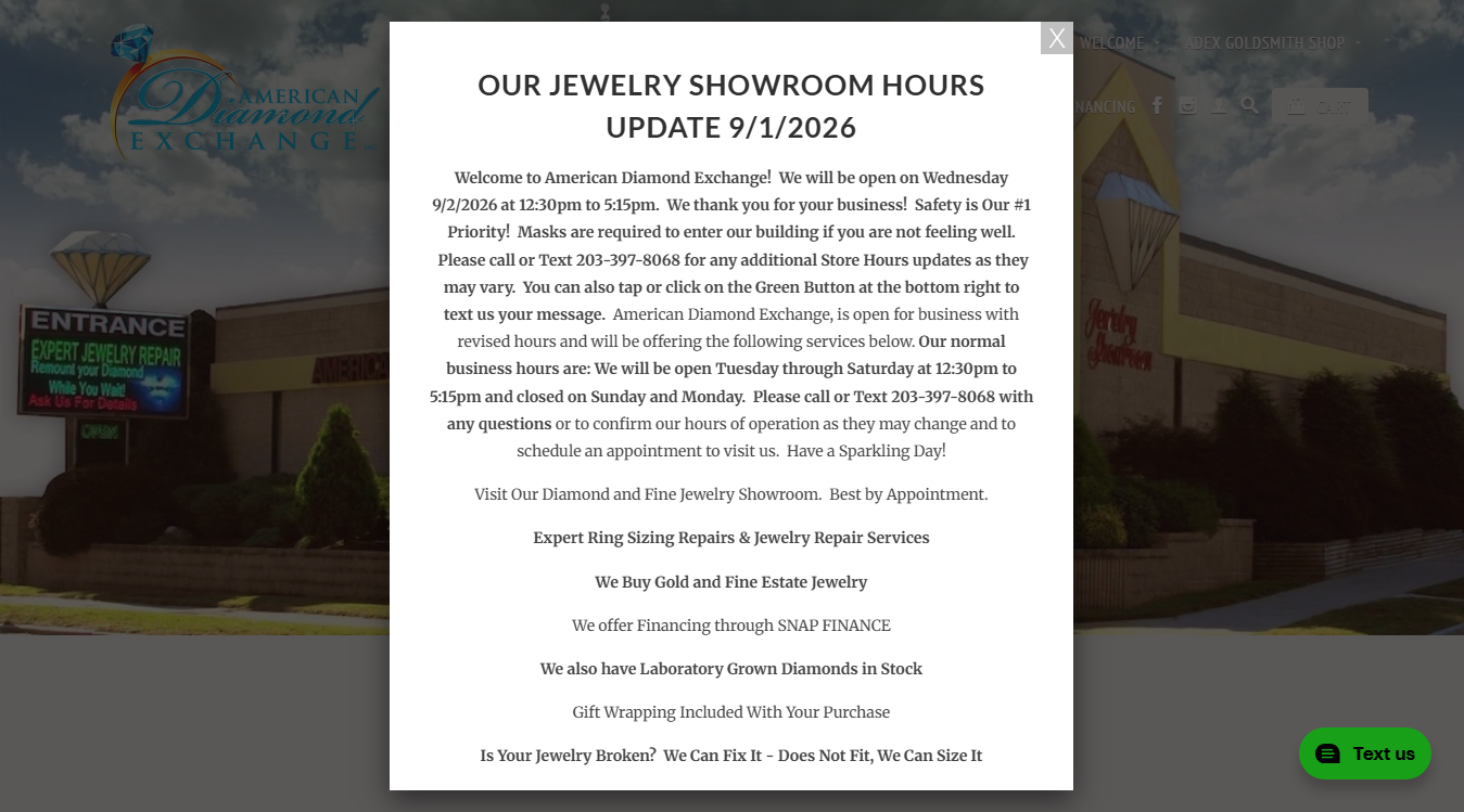 Website screenshot for American Diamond Exchange, Inc.