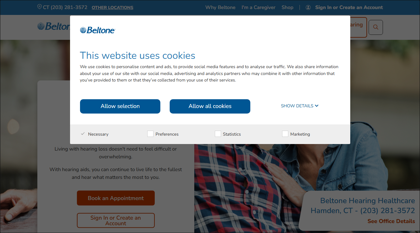 Website screenshot for Beltone Hearing Healthcare