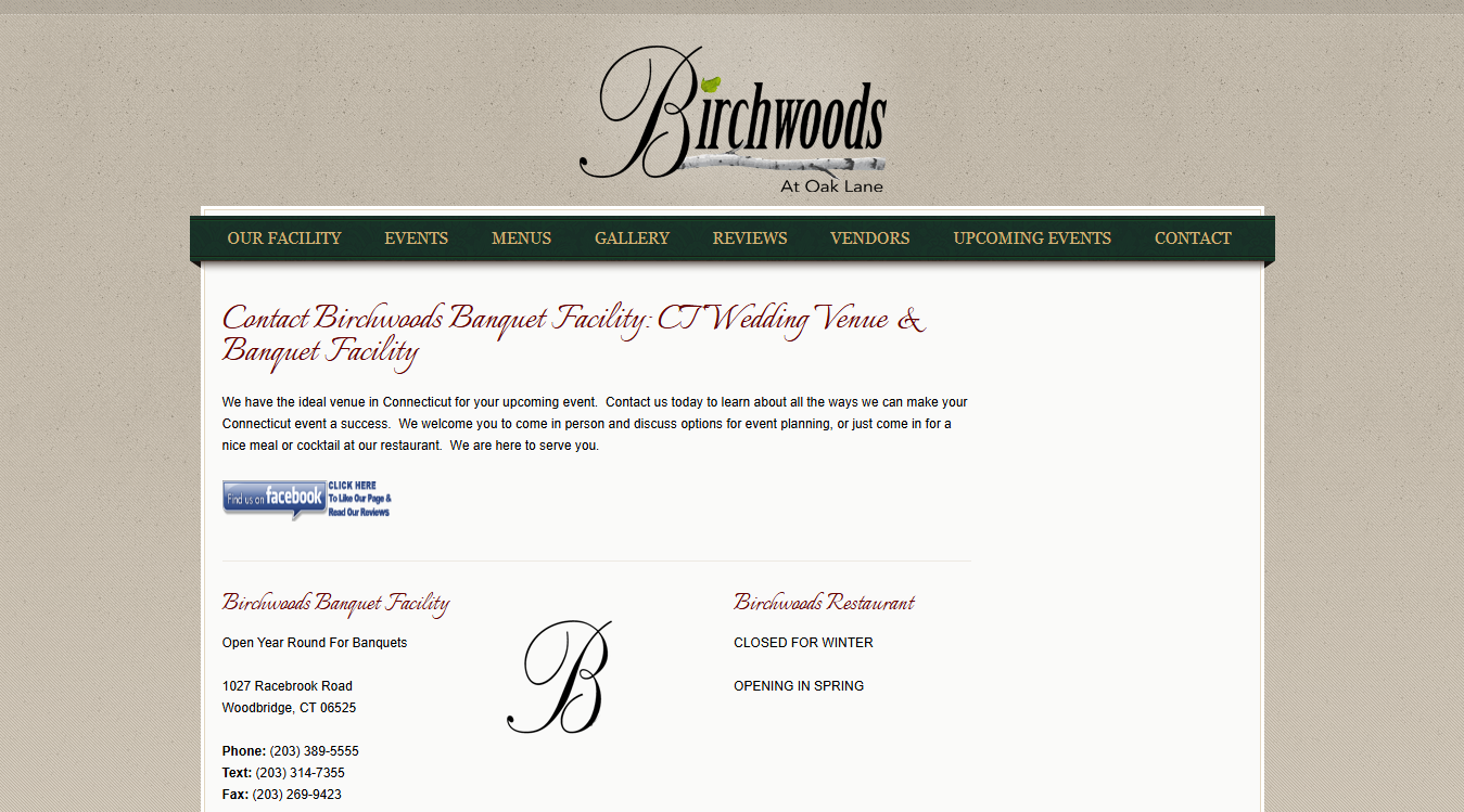 Website screenshot for Birchwoods Banquet Facility
