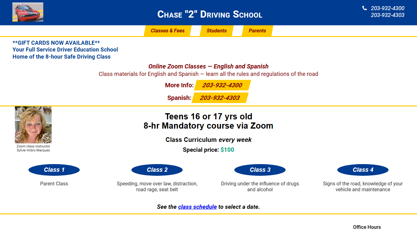Website screenshot for Chase 2 Driving School