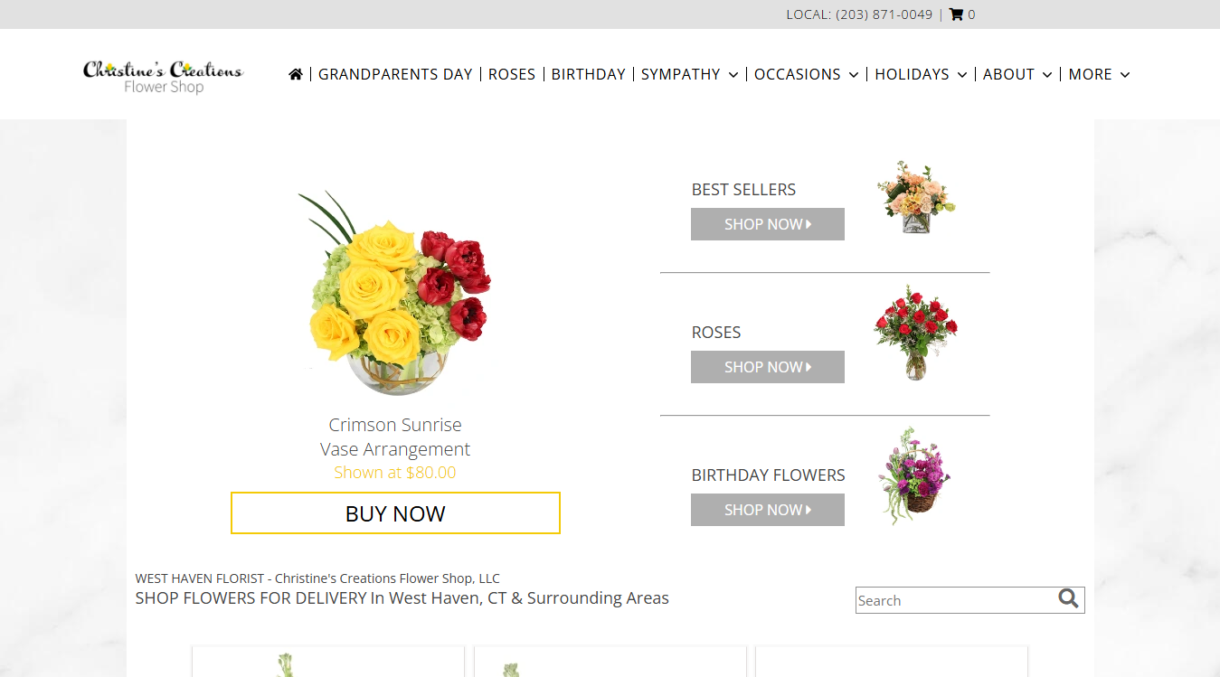 Website screenshot for Christine's Creations Flower Shop