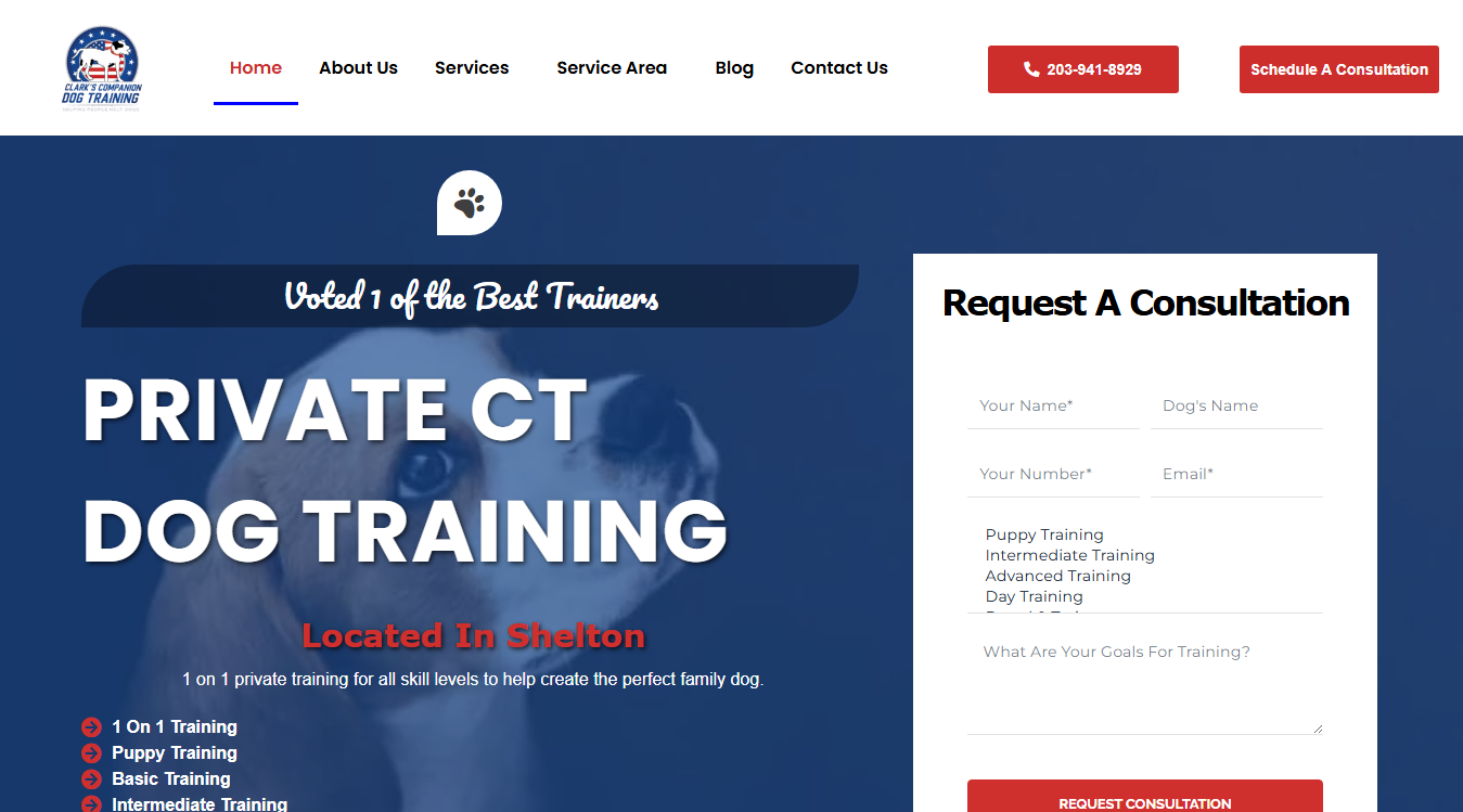 Website screenshot for Clark's Companion Dog Training LLC