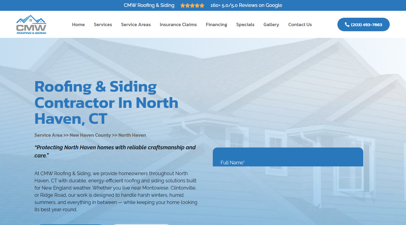 Website screenshot for CMW Roofing & Siding