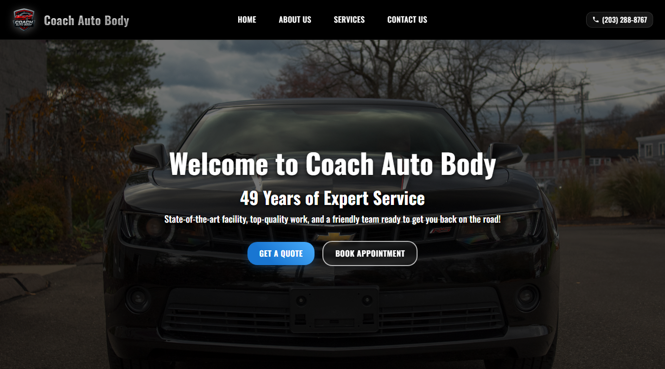 Website screenshot for Coach Auto Body Inc