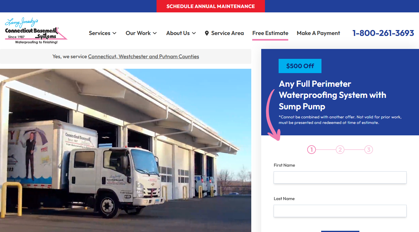 Website screenshot for Connecticut Basement Systems