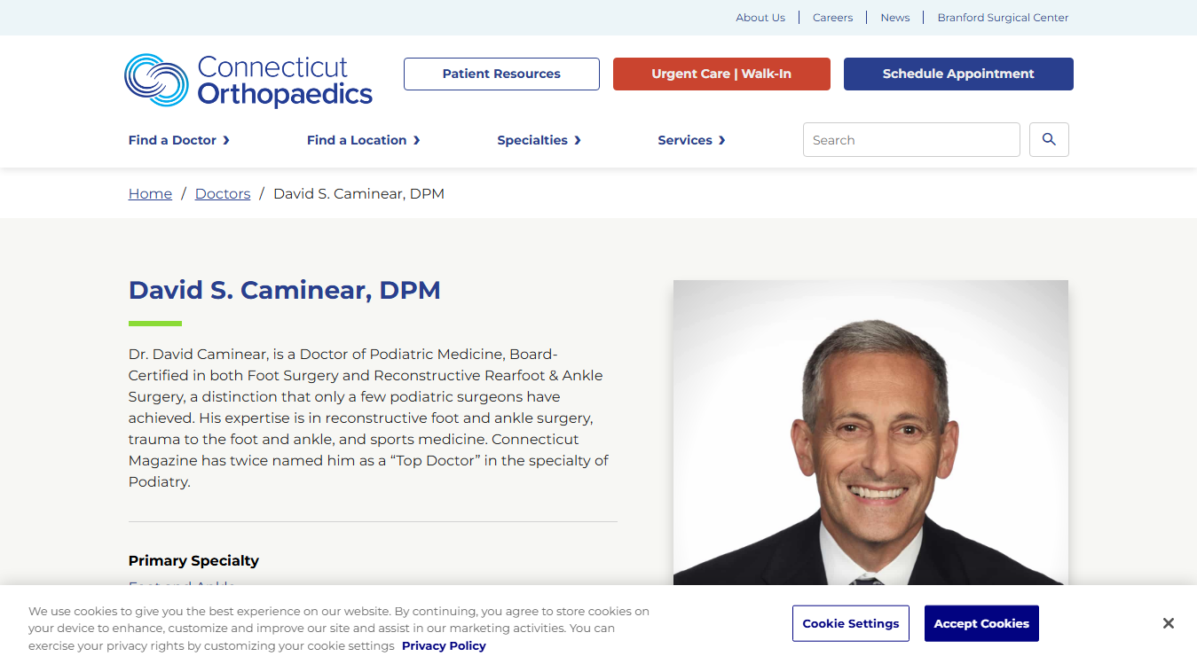 Website screenshot for Connecticut Orthopaedics: Caminear David S DPM