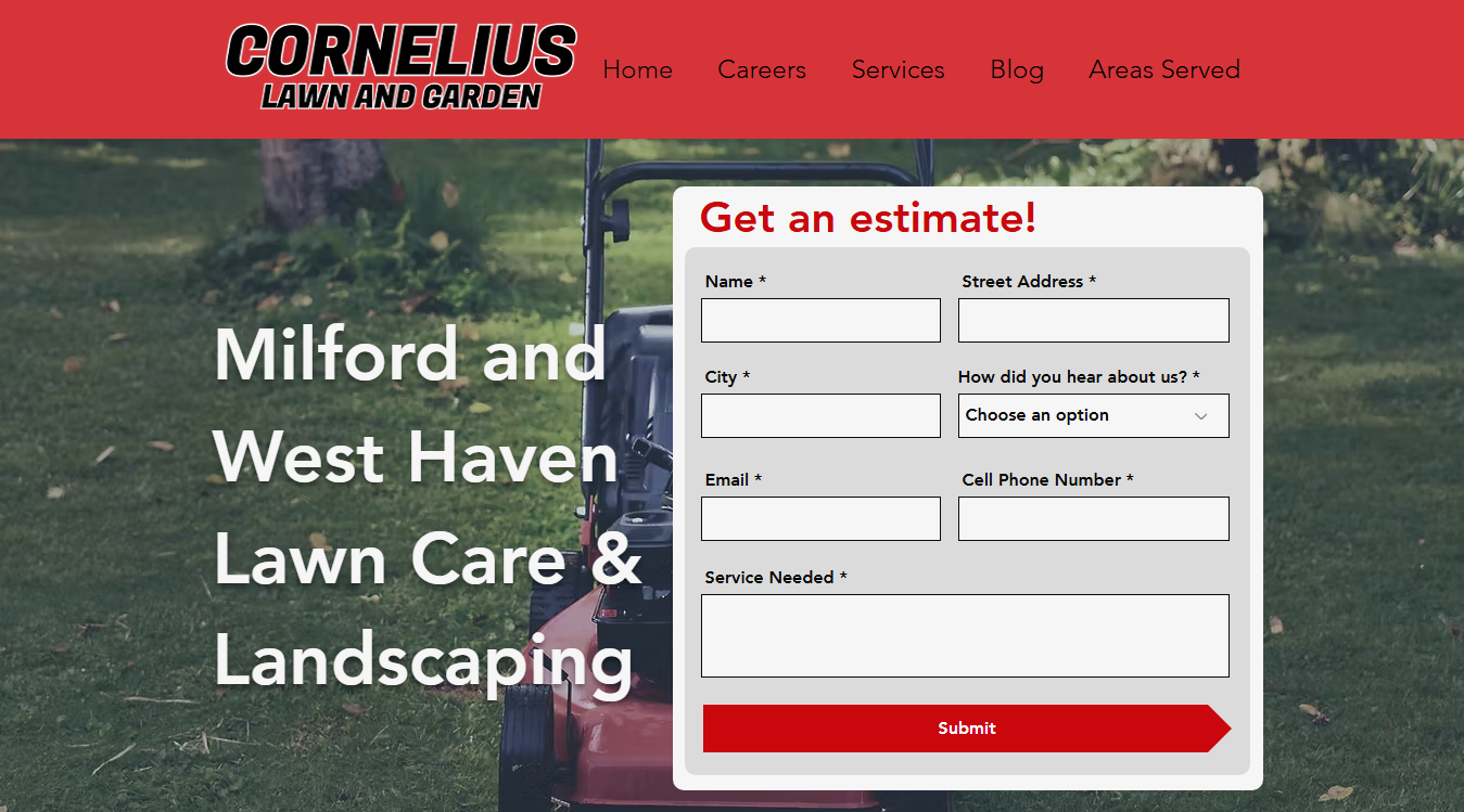 Website screenshot for Cornelius Lawn and Garden