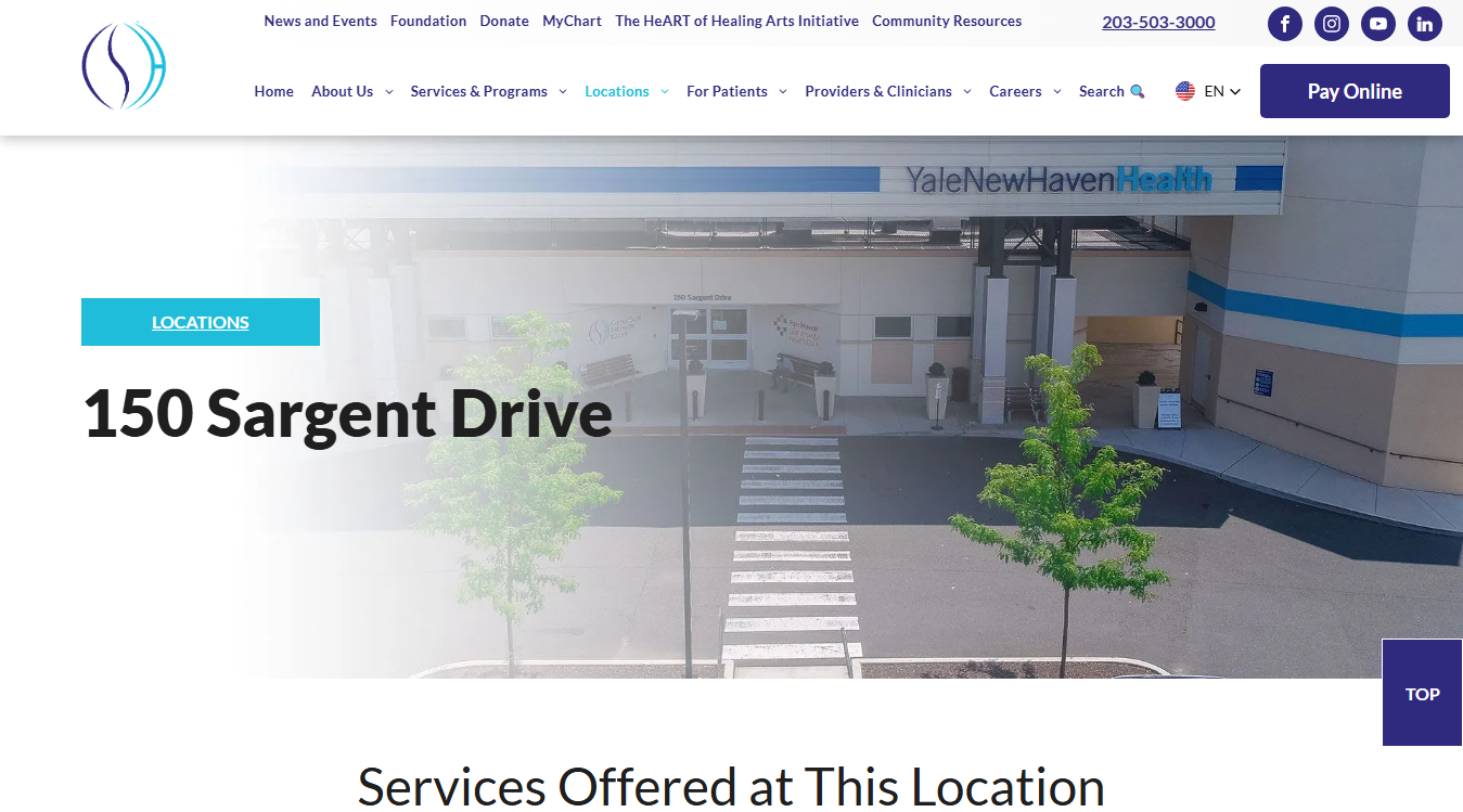 Website screenshot for Cornell Scott- Hill Health Center of 150 Sargent Drive New Haven, CT