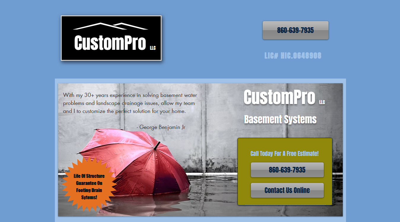 Website screenshot for CustomPro LLC Basement Waterproofing, Septic, and Drainage.