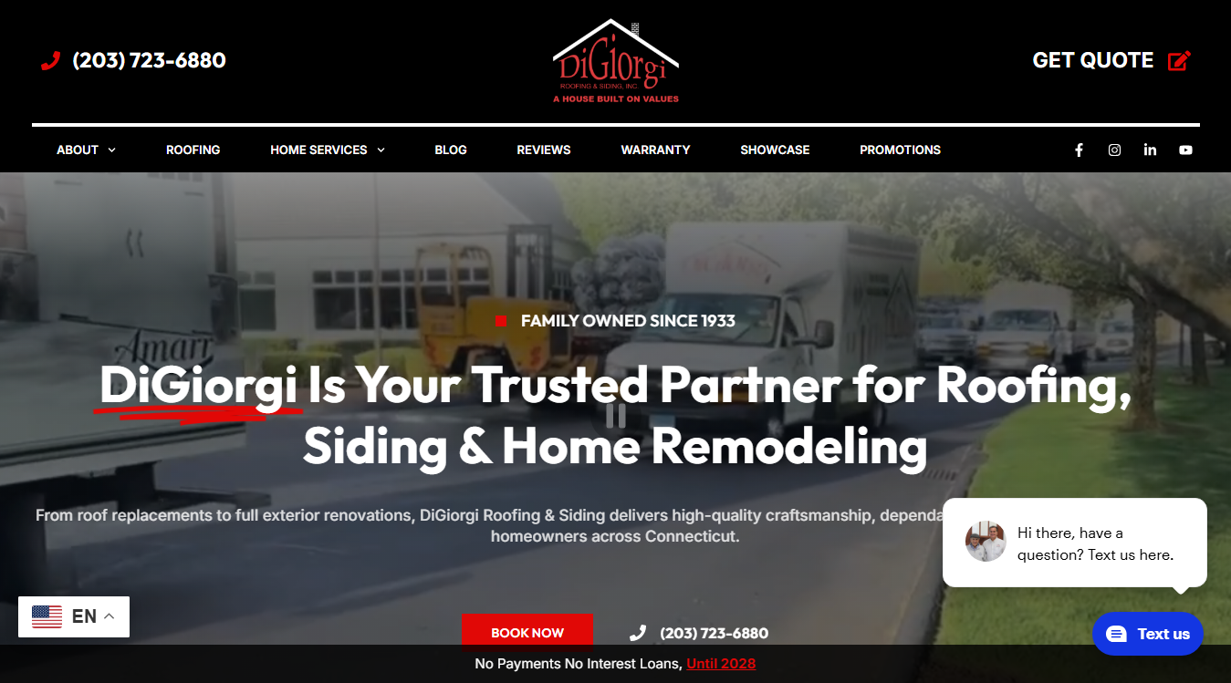Website screenshot for DiGiorgi Roofing & Siding, Inc.