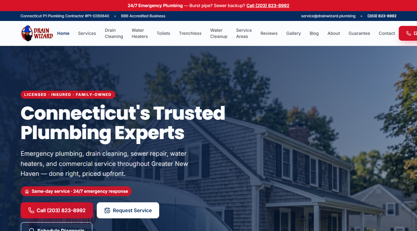 Website screenshot for Drain Wizard Plumbing