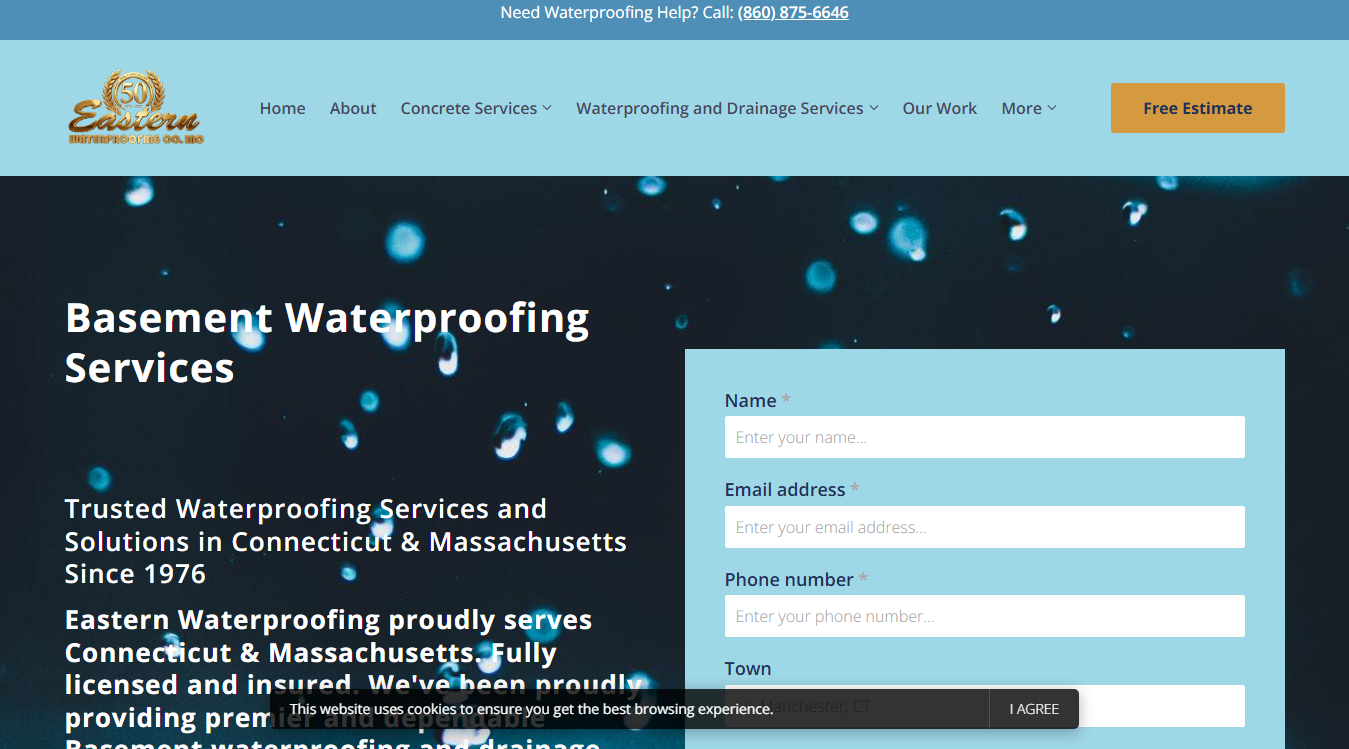 Website screenshot for Eastern Waterproofing Co Inc