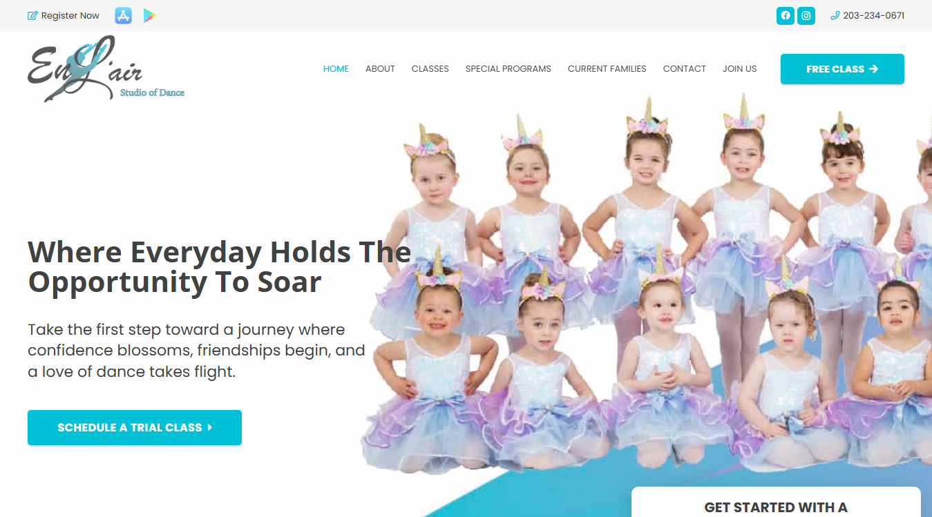 Website screenshot for En L'air Studio of Dance