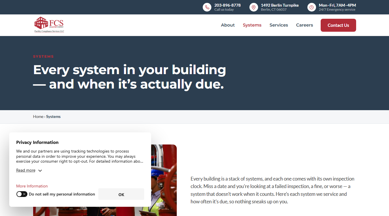 Website screenshot for Facilities Compliance Fire Protection, LLC