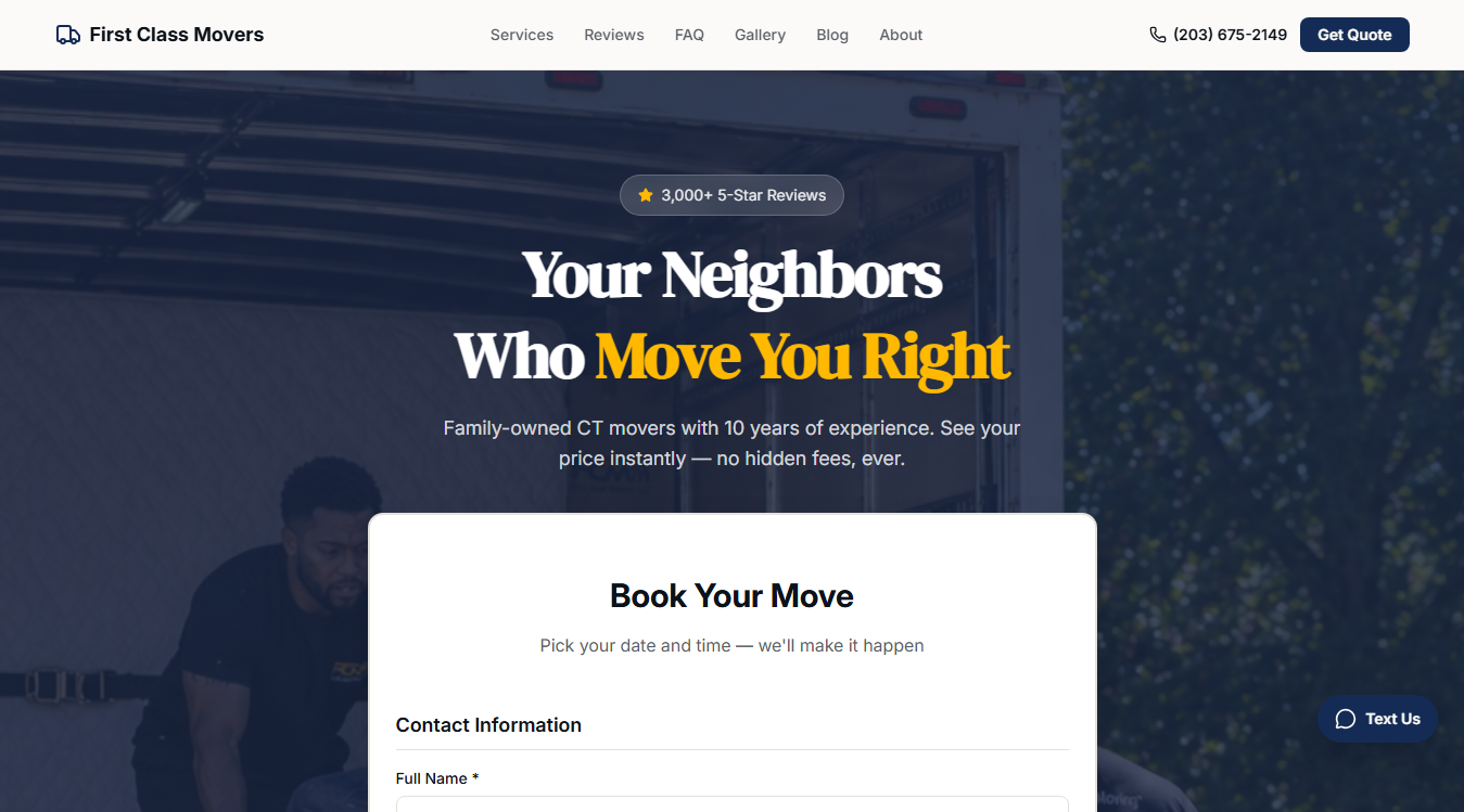 Website screenshot for First Class Movers LLC