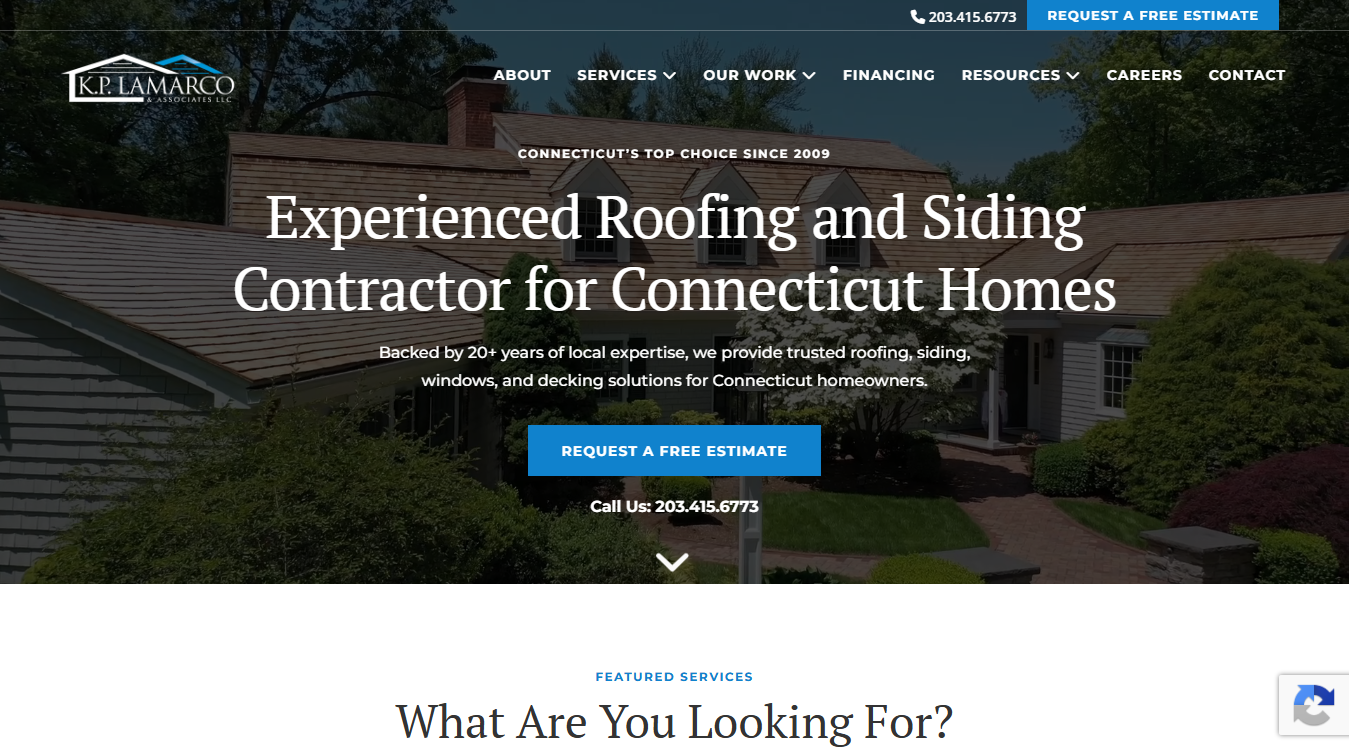 Website screenshot for K.P. LaMarco Roofing & Siding
