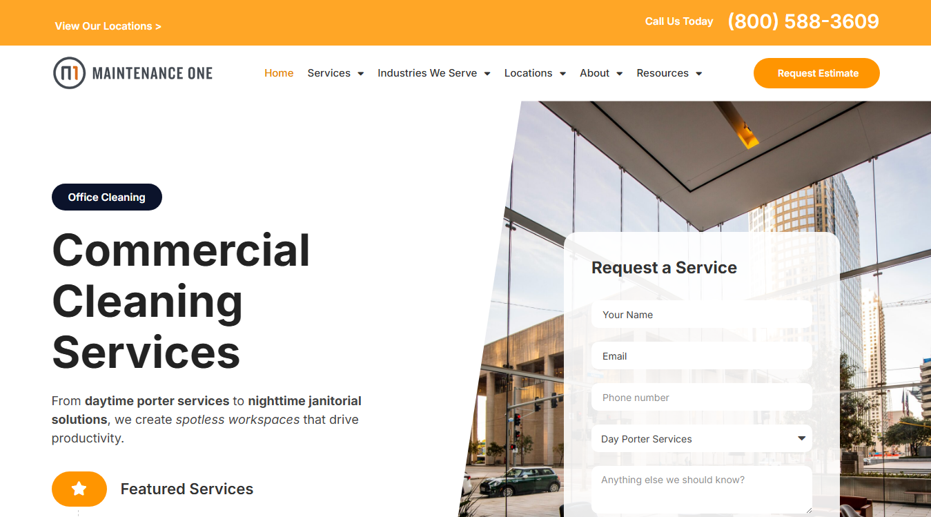 Website screenshot for Maintenance One - Office Cleaning & Janitorial Services