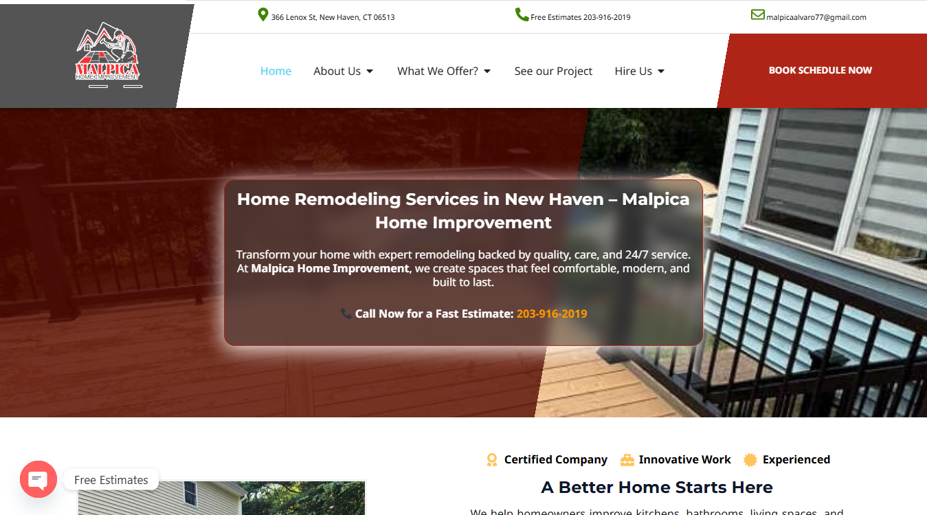 Website screenshot for Malpica Home Improvement