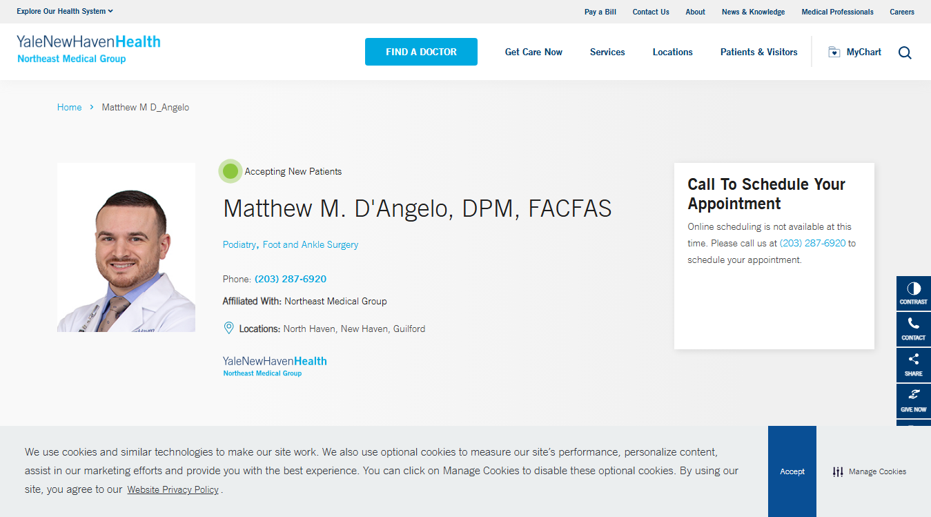 Website screenshot for Matthew M. D'Angelo, DPM - Podiatry - Northeast Medical Group