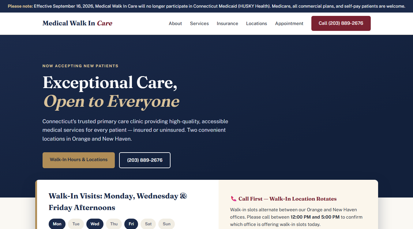Website screenshot for Medical Walk In Care