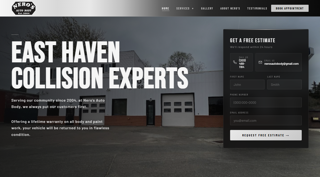 Website screenshot for Nero's Auto Body