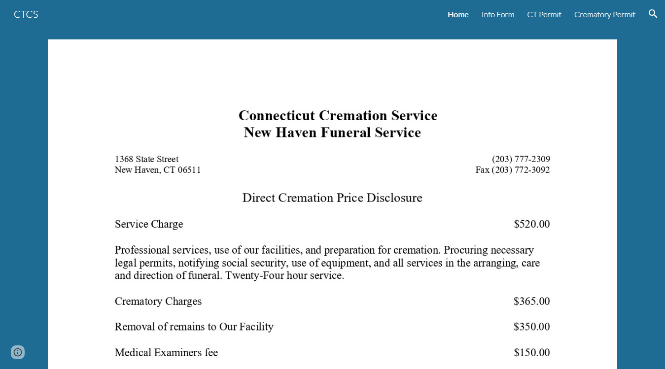 Website screenshot for New Haven Funeral Service