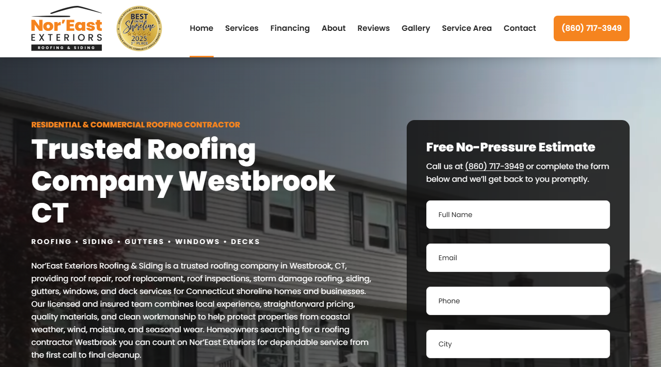 Website screenshot for Nor'East Exteriors Roofing & Siding