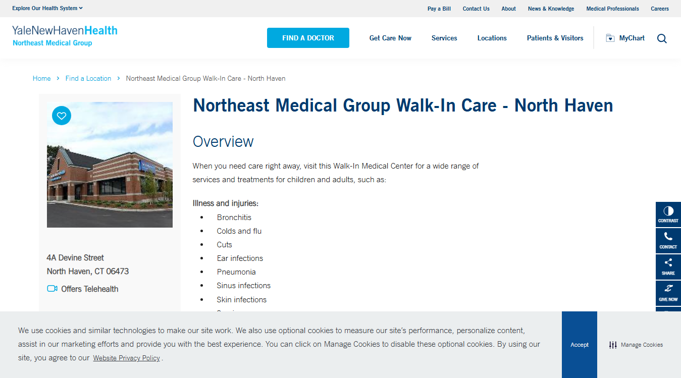 Website screenshot for Northeast Medical Group Walk-In Care - North Haven