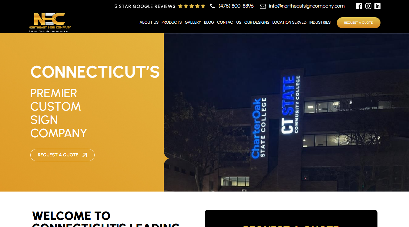 Website screenshot for Northeast Sign Company | Custom Business Signage, Banner Printing, Indoor & Outdoor Signs Connecticut