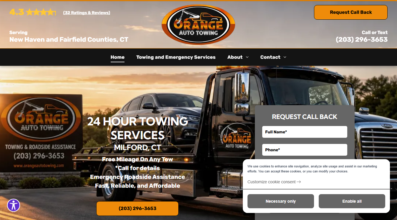 Website screenshot for Orange Auto Towing