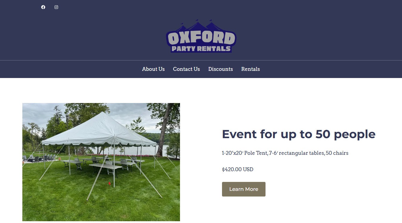 Website screenshot for Oxford Party Rentals