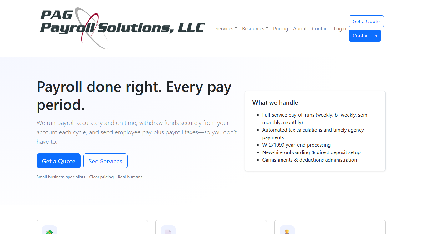 Website screenshot for PAG Payroll Solutions, LLC