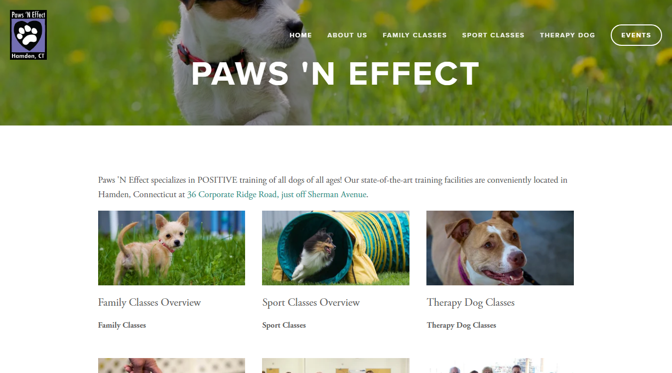 Website screenshot for Paws 'N Effect Canine Training Center
