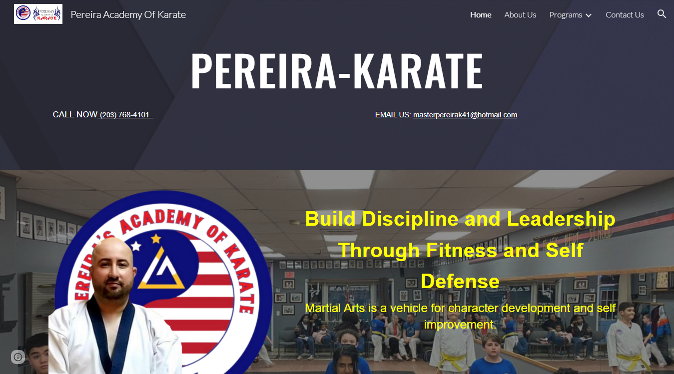 Website screenshot for Pereira's Academy of Karate