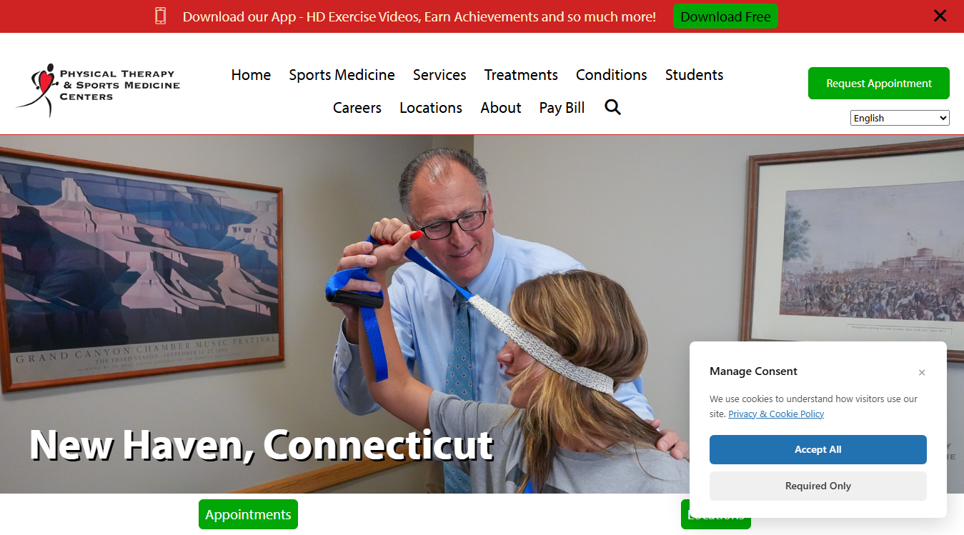 Website screenshot for Physical Therapy & Sports Medicine Centers New Haven