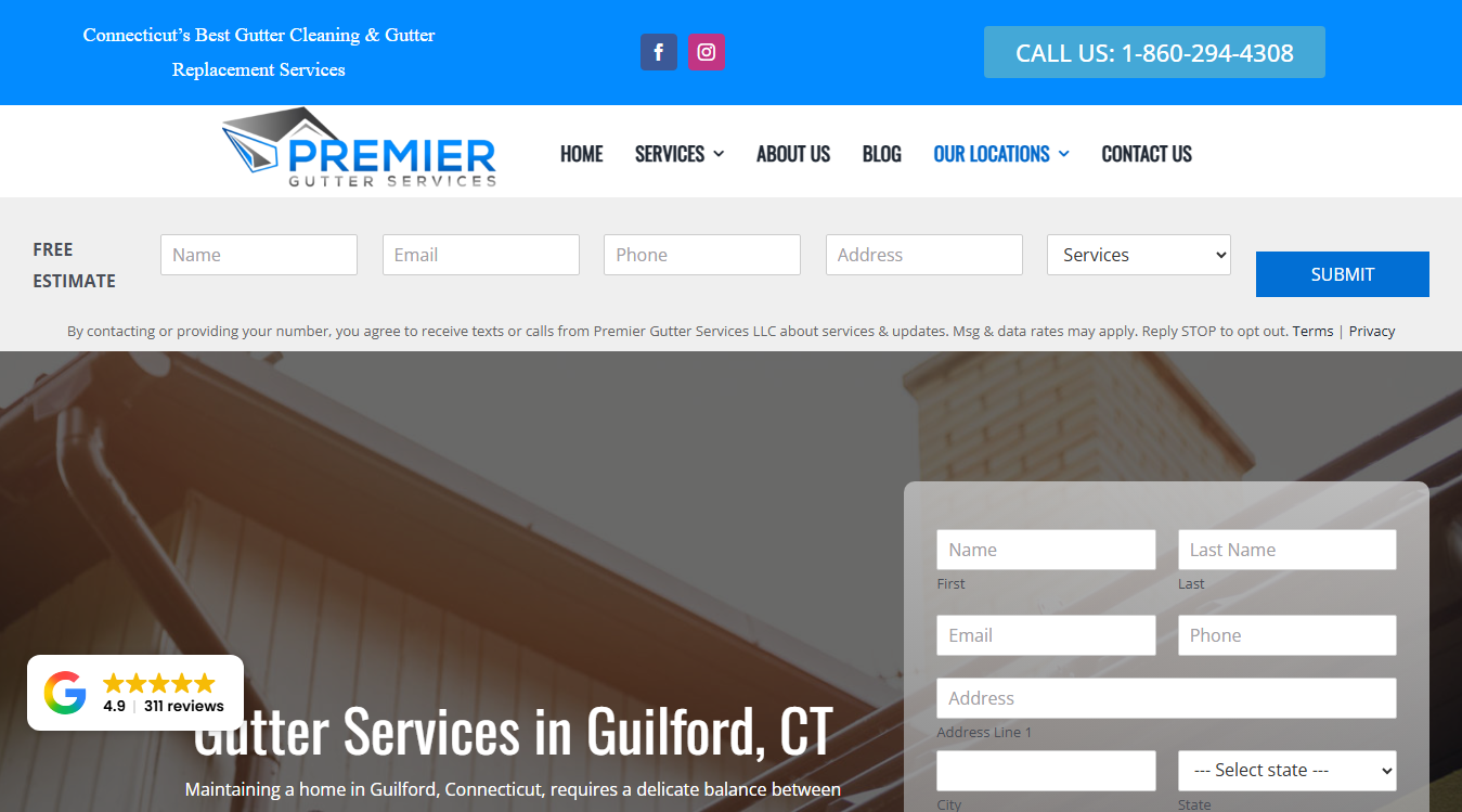 Website screenshot for Premier Gutter Services LLC - Guilford CT