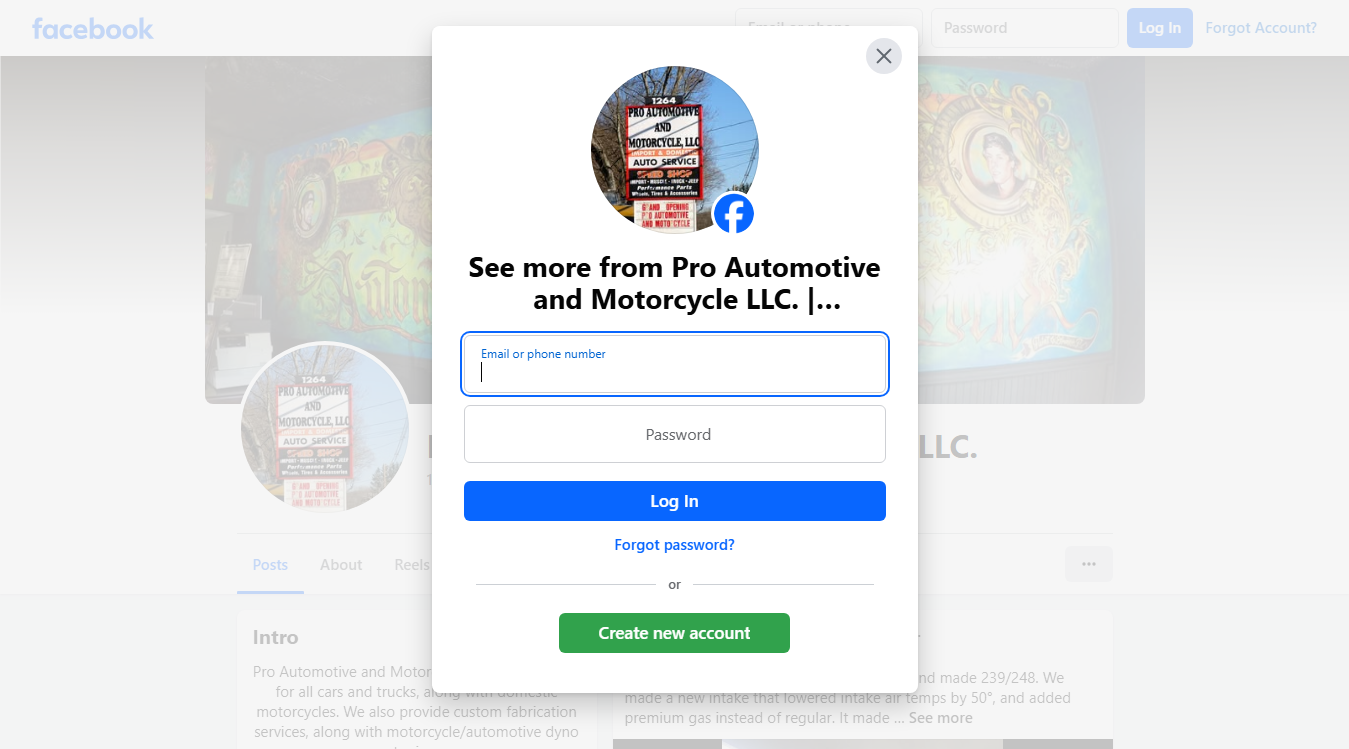 Website screenshot for Pro Automotive and Motorcycle LLC