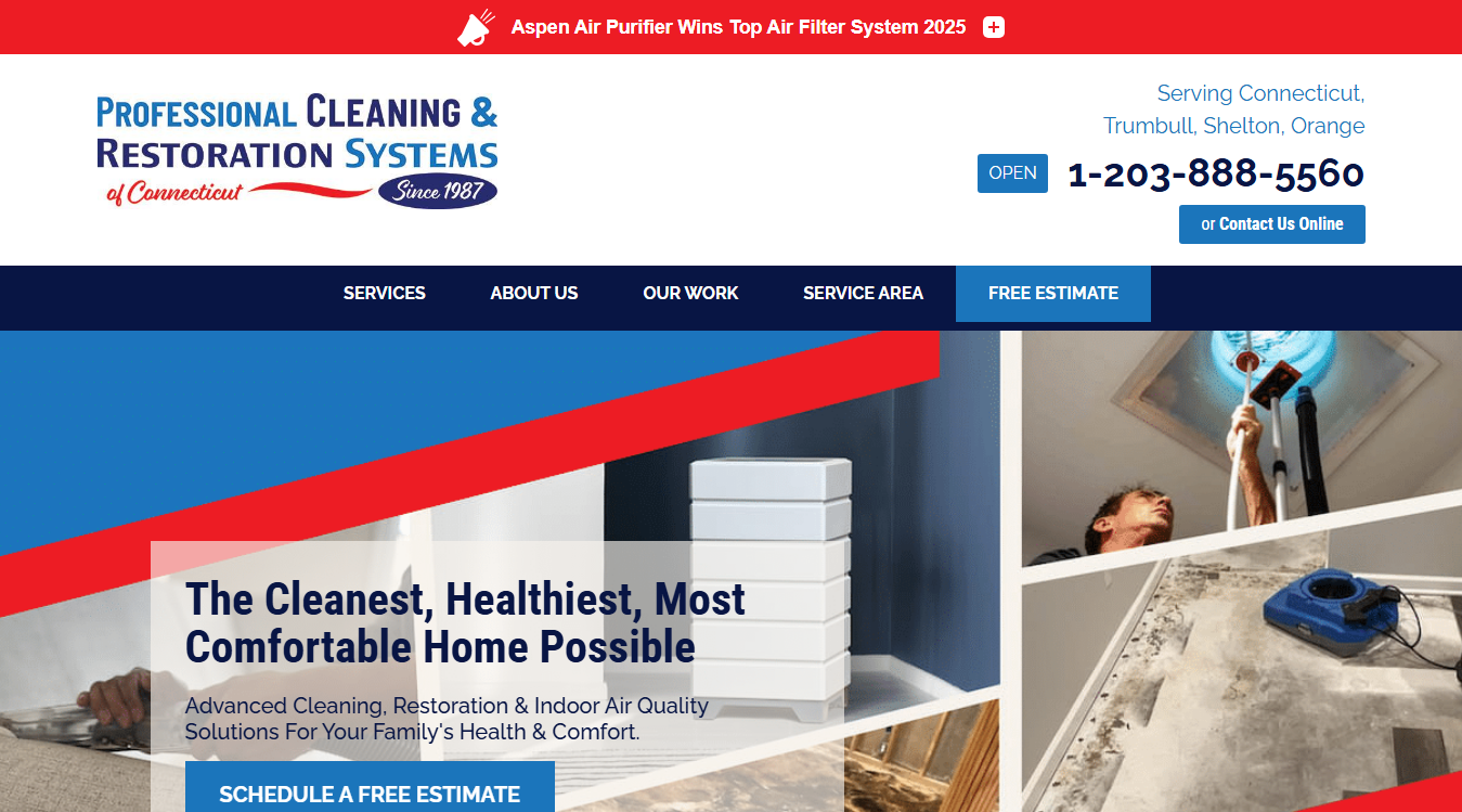 Website screenshot for Professional Cleaning & Restoration Systems of Connecticut