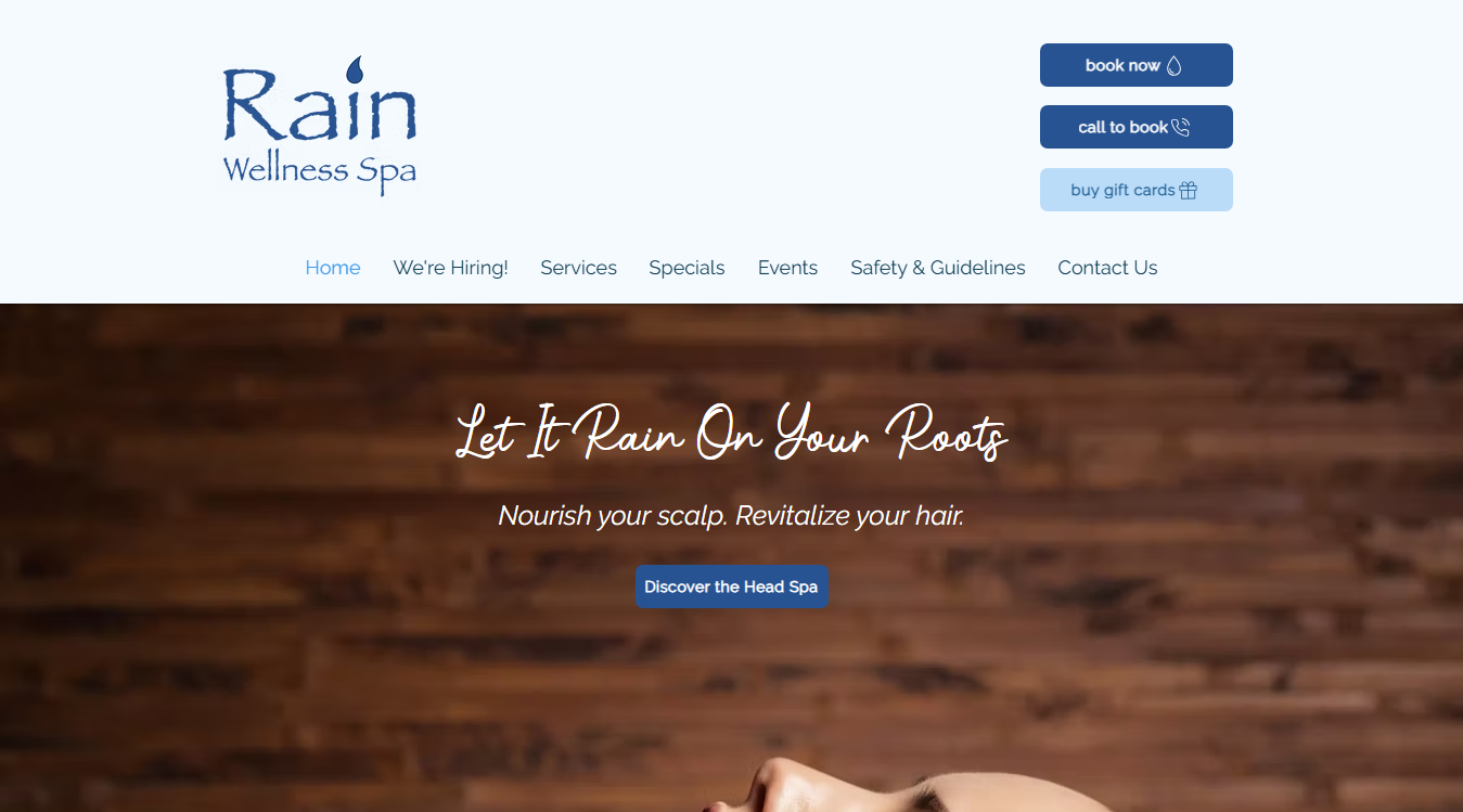 Website screenshot for Rain Wellness Spa