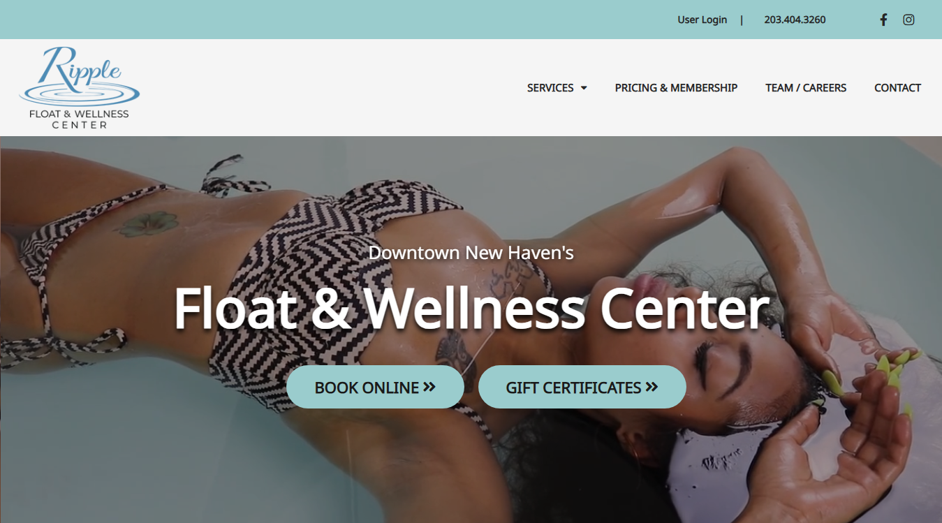 Website screenshot for Ripple Float and Wellness Center