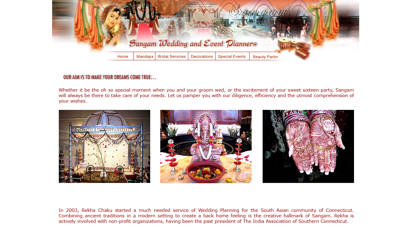 Website screenshot for Sangam weddings and event planner
