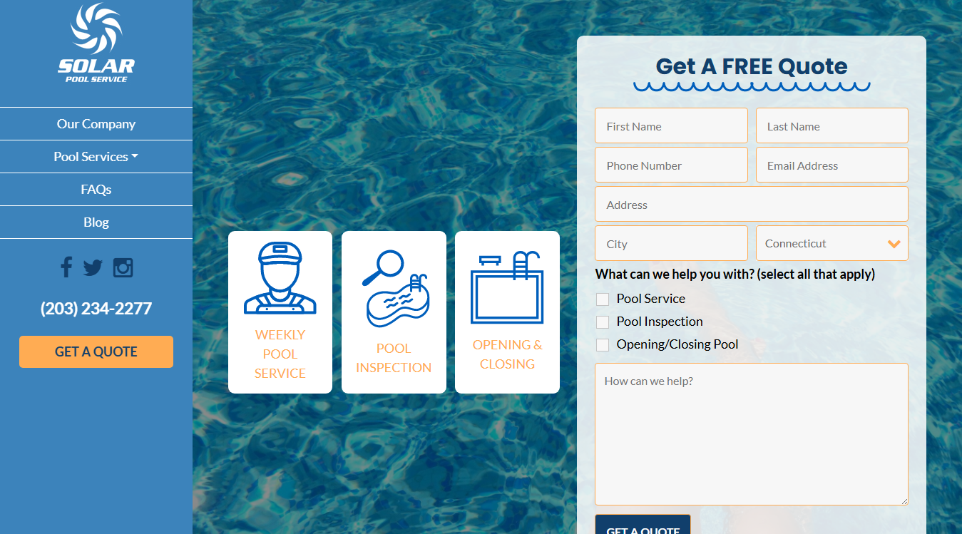 Website screenshot for Solar Pool Service LLC